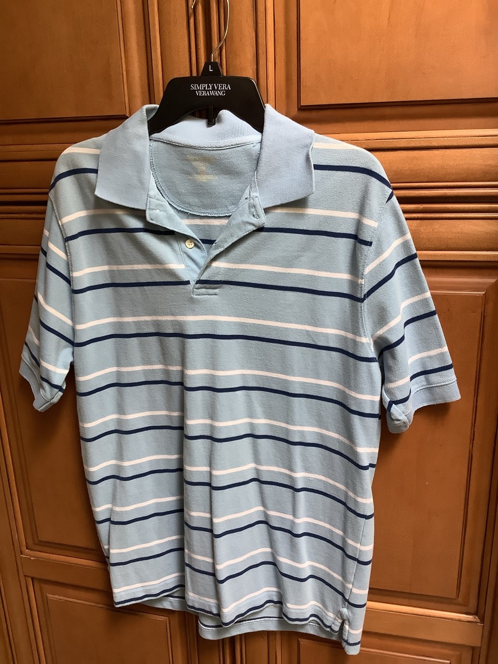 ST. JOHN’S BAY LIGHT BLUE STRIPED POLO WITH NAVY/WHITE LINES